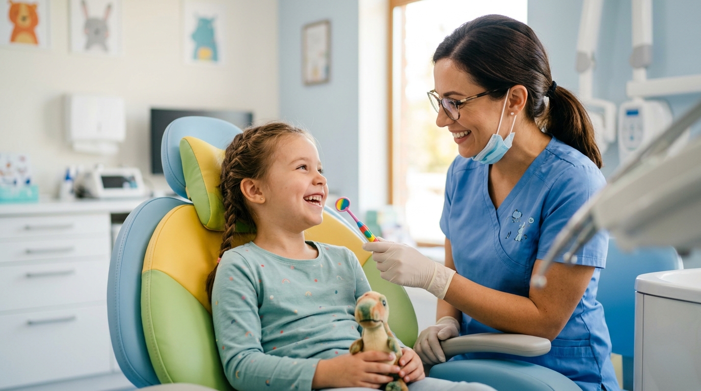 A smiling young child sitting in a dental chair during a friendly pediatric dentistry GTA appointment at SameDay Dental clinic.