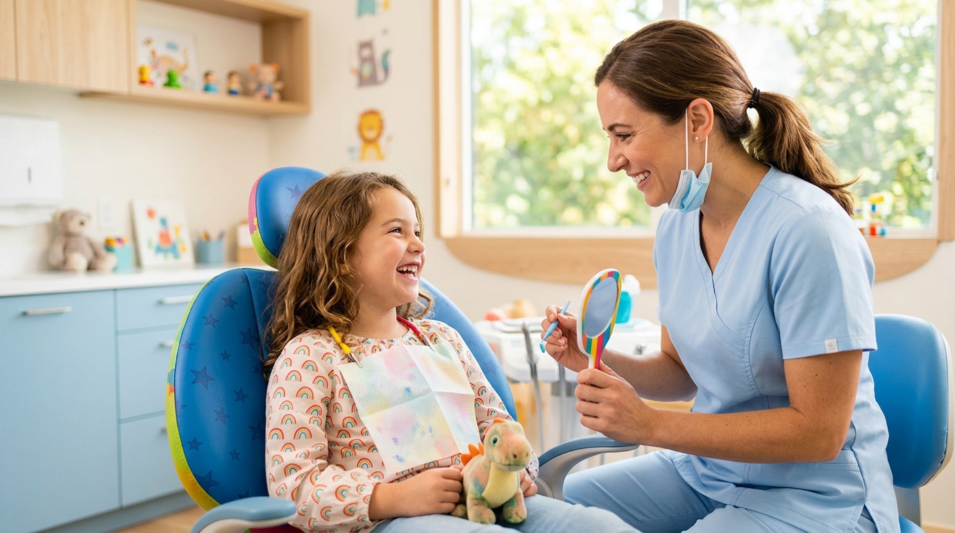A child smiling in a dental chair during a checkup for pediatric dentistry GTA at SameDay Dental clinic.