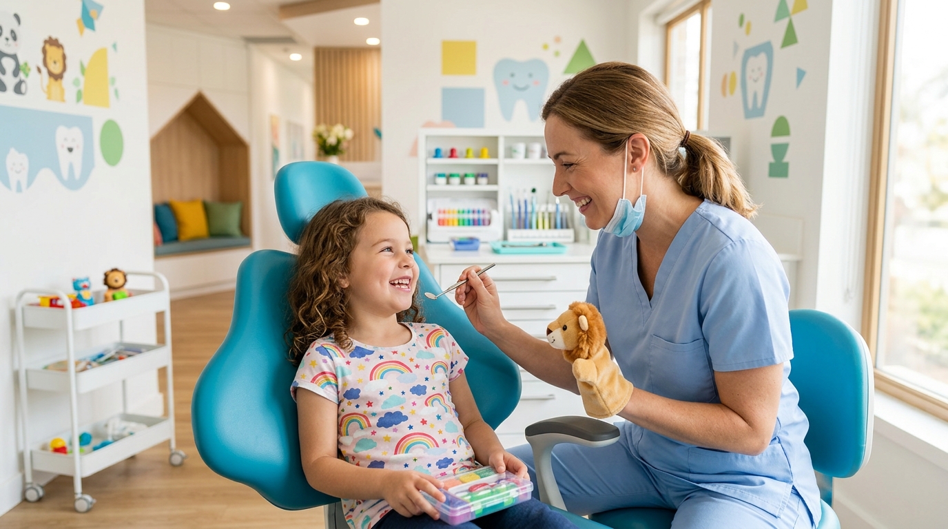 A friendly pediatric dentistry specialist at SameDay Dental gently examining a smiling young child's teeth in a bright clinic.