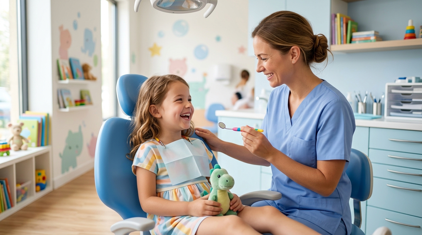 A friendly pediatric dentist showing a young child a model of teeth, demonstrating positive pediatric dentistry at SameDay Dental.