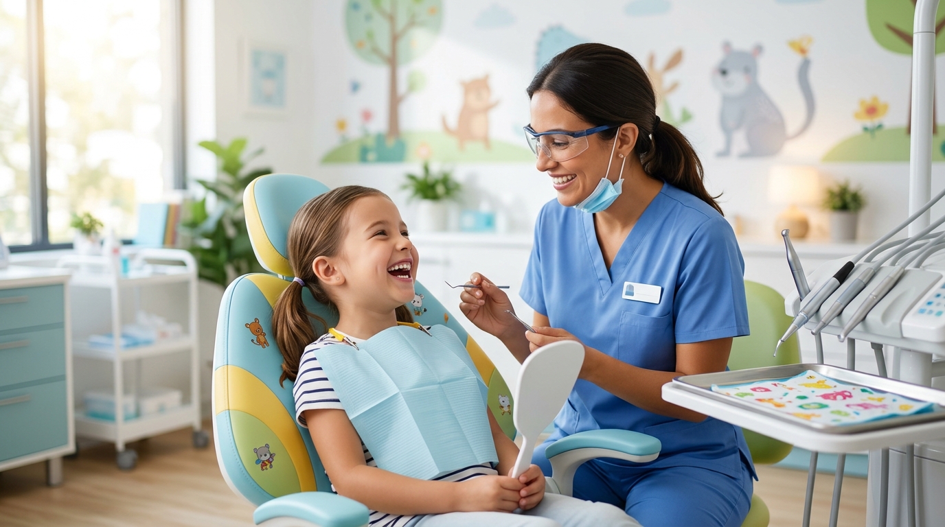 A happy young child sitting in a dental chair smiling at a friendly dentist during a pediatric dentistry appointment at SameDay Dental.