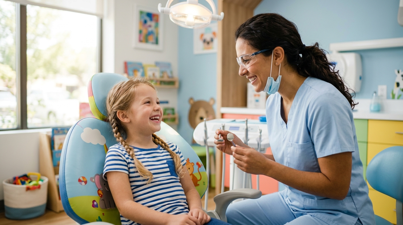 A child smiling in a dental chair during a friendly pediatric dentistry appointment at SameDay Dental.