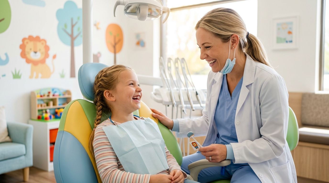 A friendly pediatric dentistry specialist showing a young child a model of teeth in a bright, welcoming SameDay Dental clinic.