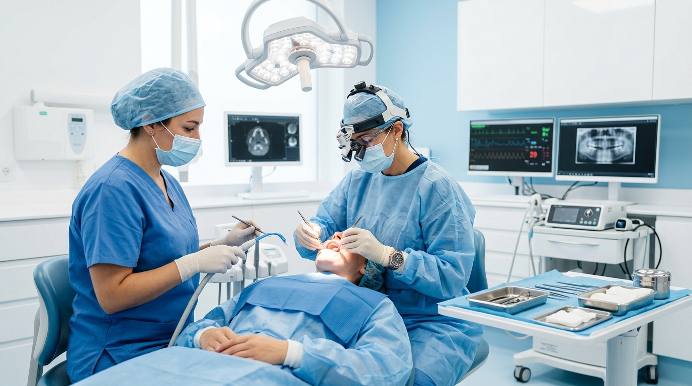 A reassuring image of a dentist explaining oral surgery and implants to a patient at SameDay Dental clinic.