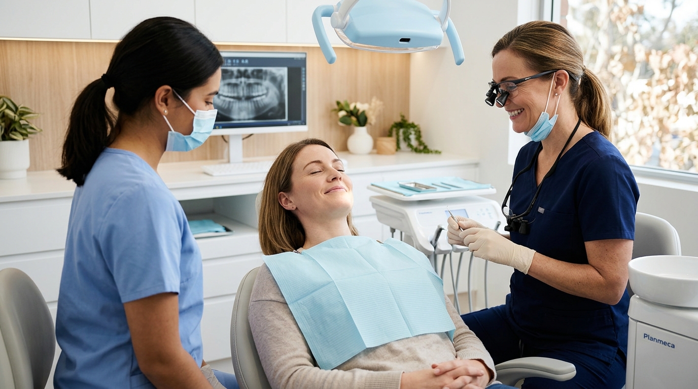 A calm patient discussing sedation and sleep apnea therapy options with a friendly SameDay Dental dentist in a modern clinic.