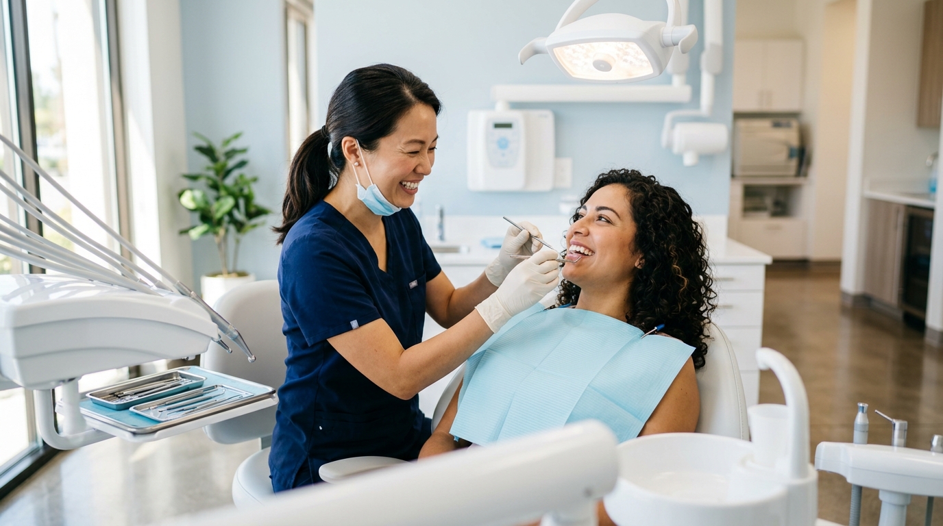 A friendly dentist performing a general dentistry checkup on a smiling patient in a bright, modern SameDay Dental clinic.