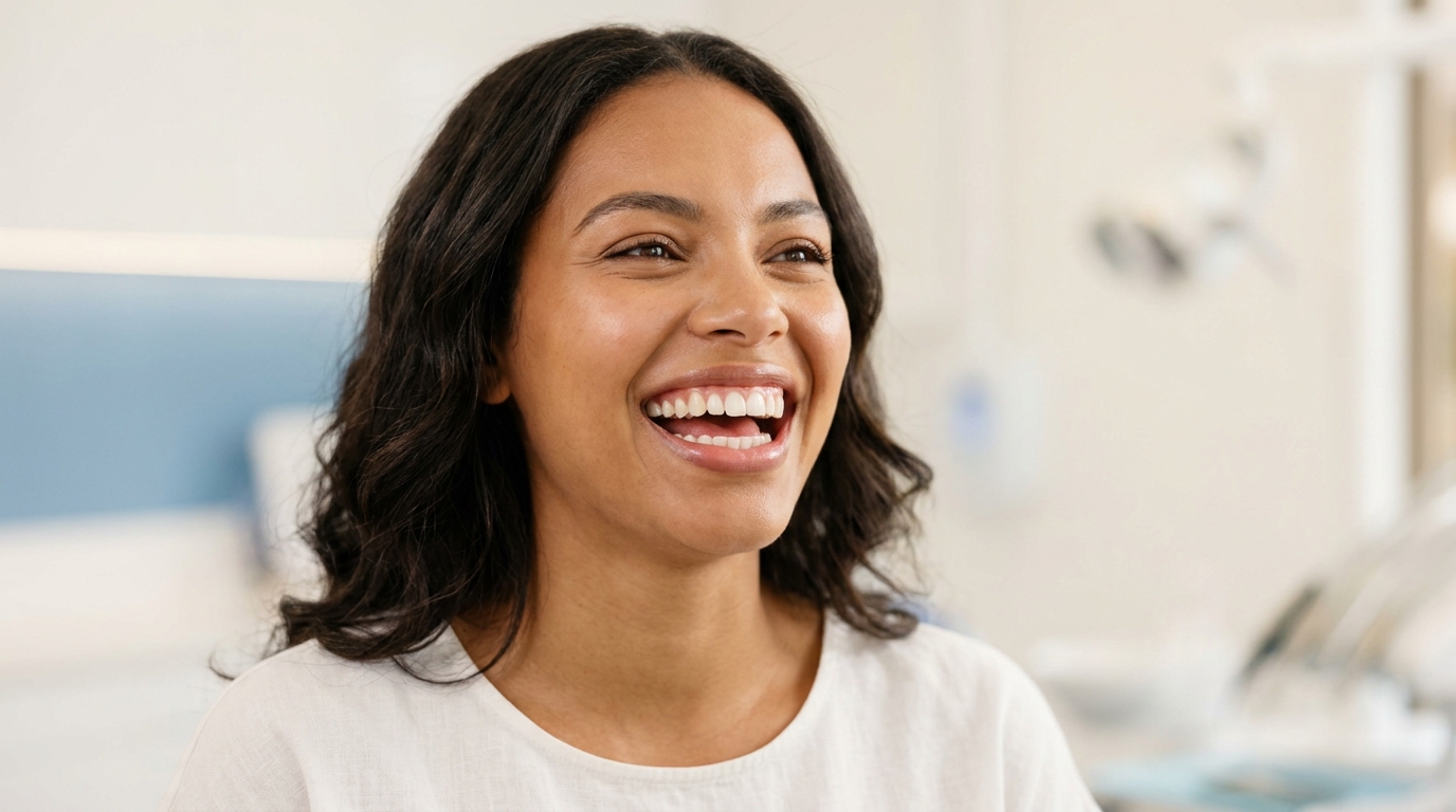 A woman smiling confidently, showcasing beautiful results from a professional Cosmetic and Smile Design treatment at SameDay Dental.