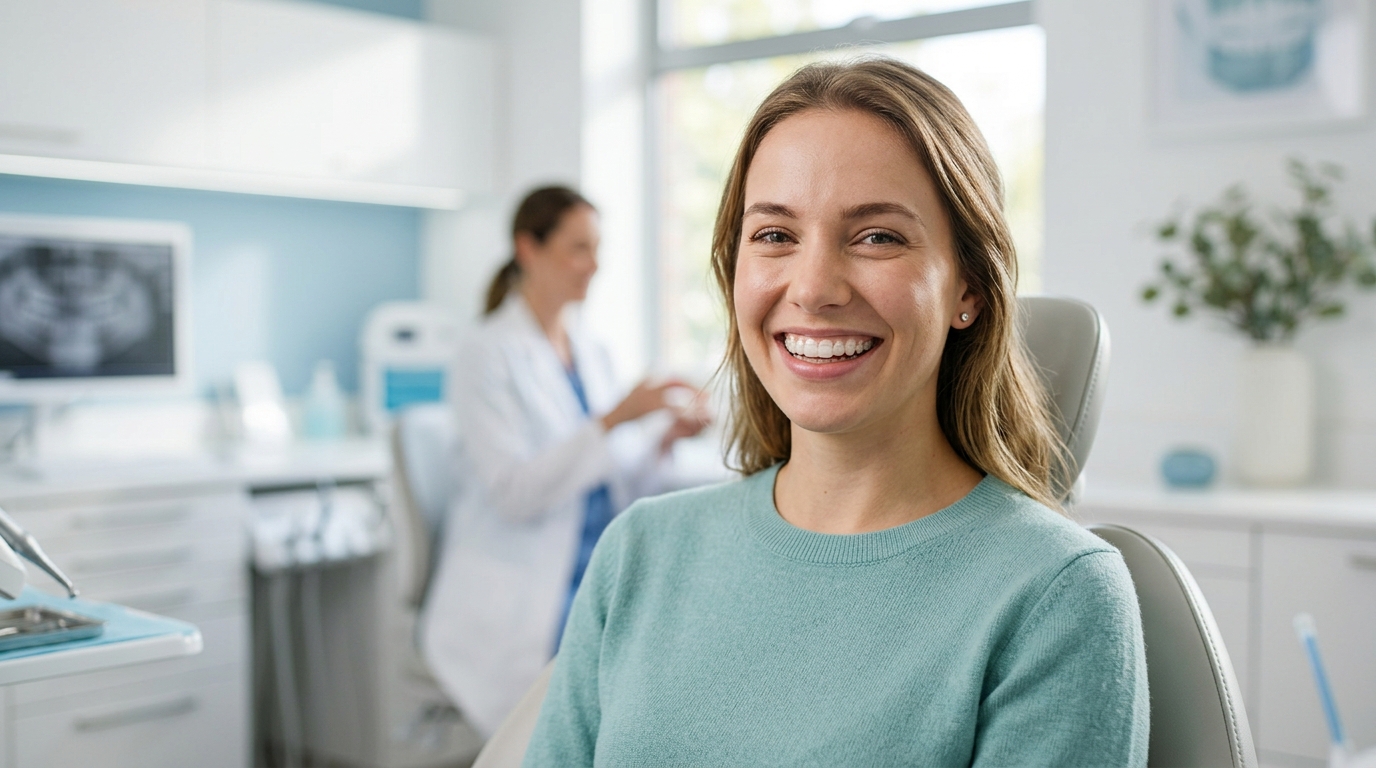 A smiling patient showing her perfectly aligned teeth after successful orthodontics treatment at SameDay Dental in the GTA.