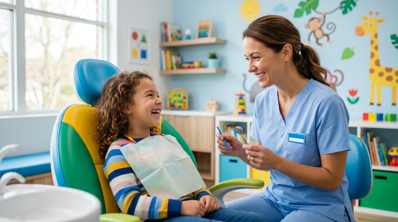 A friendly pediatric dentist showing a young child how to brush a large model of teeth during a pediatric dentistry appointment.