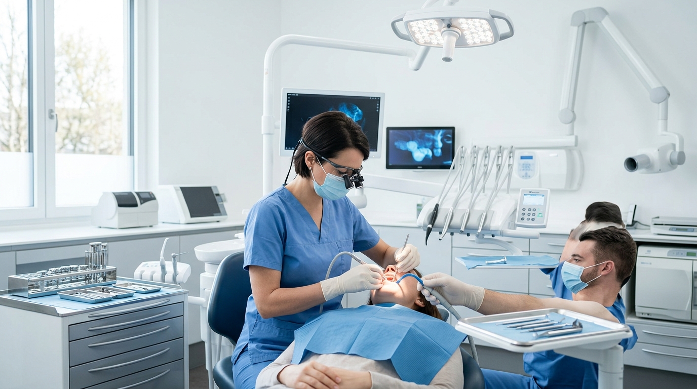 A calm patient discusses their oral surgery and implants treatment plan with a friendly dentist at SameDay Dental.
