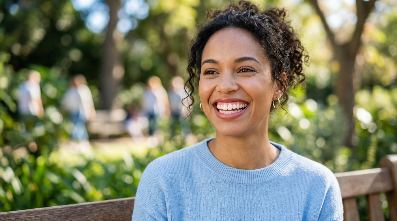 A smiling woman with healthy pink gums, illustrating the importance of gum health and periodontics care at SameDay Dental.
