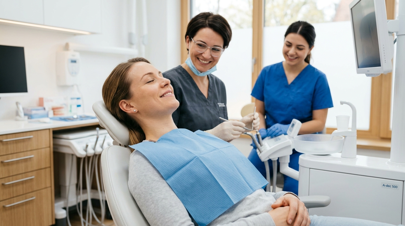 A calm patient discussing sedation and sleep apnea treatment options with a dentist at SameDay Dental clinic.