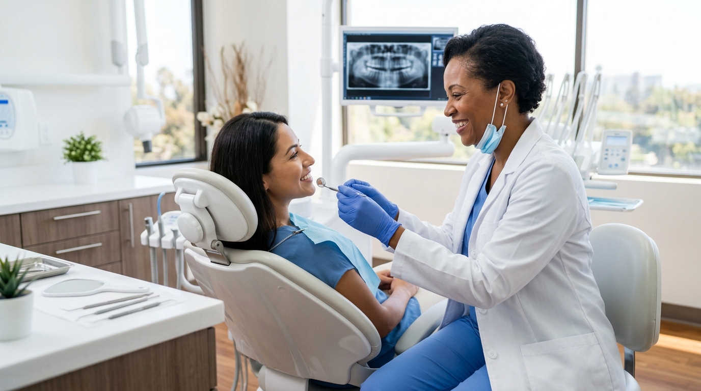 A friendly SameDay Dental professional performing a general dentistry checkup on a smiling patient in our GTA clinic.