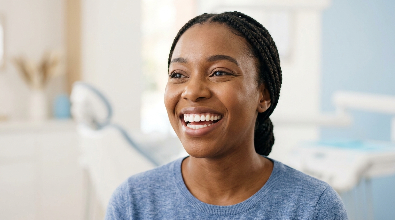 A smiling patient with bright white teeth after a Cosmetic and Smile Design treatment at their GTA dental clinic.