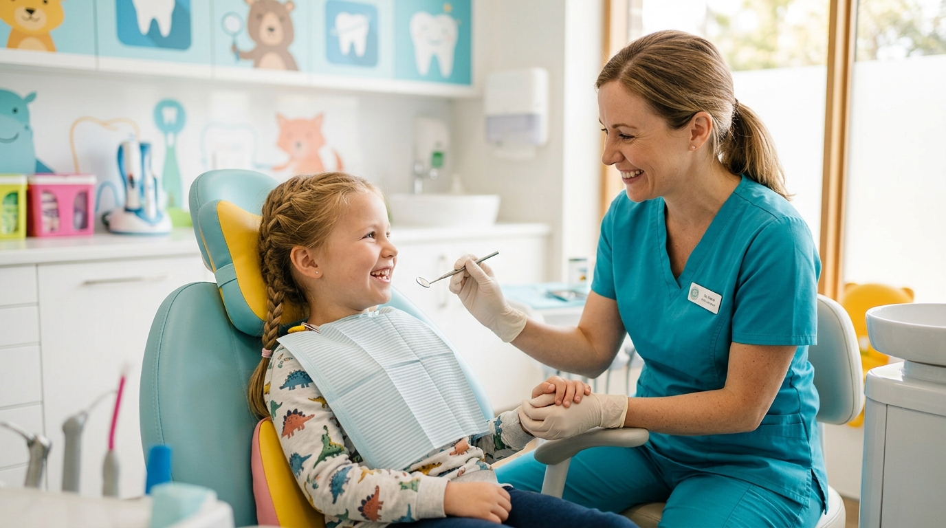 Smiling child sitting in a dental chair for a pediatric dentistry checkup with a friendly dentist at SameDay Dental.