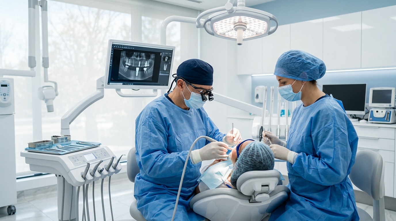 A friendly SameDay Dental specialist discussing Oral Surgery and Implants options with a patient in a modern clinic.