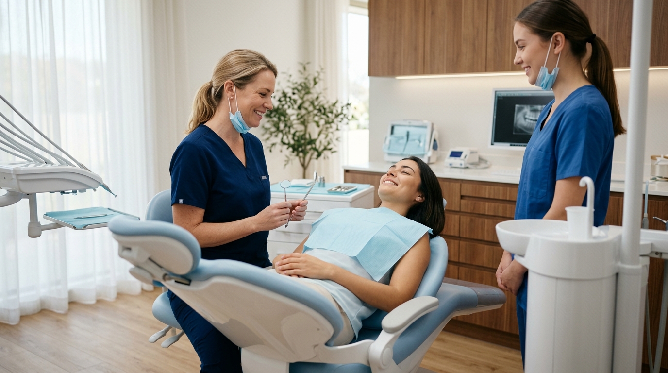 A calm patient relaxing in a SameDay Dental chair discussing Sedation and Sleep Apnea therapy with a friendly dentist.