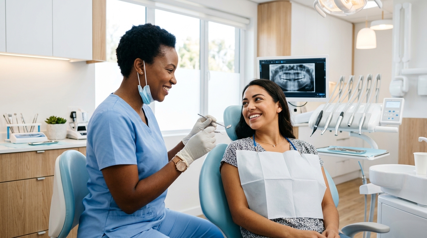 A friendly dentist explaining a general dentistry procedure to a relaxed patient at SameDay Dental.
