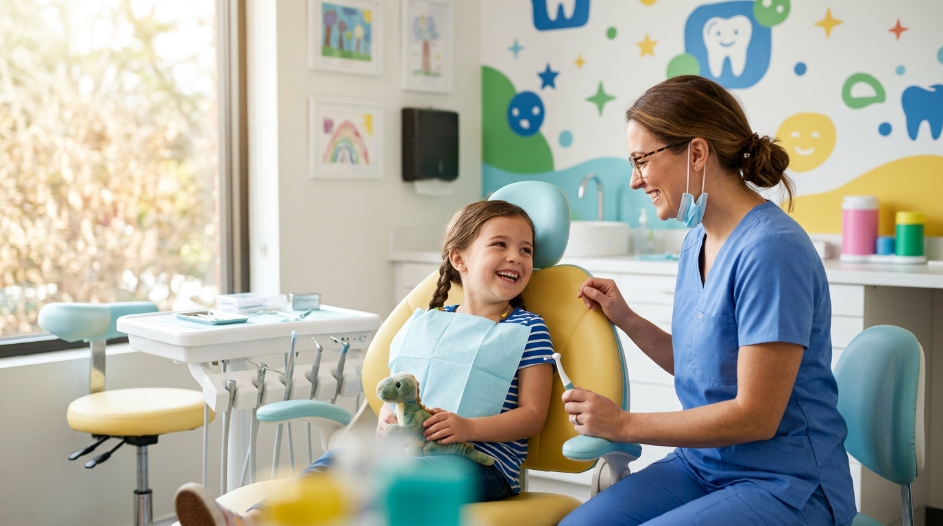 A friendly pediatric dentist showing a young child a model of teeth during a positive pediatric dentistry appointment at SameDay Dental.