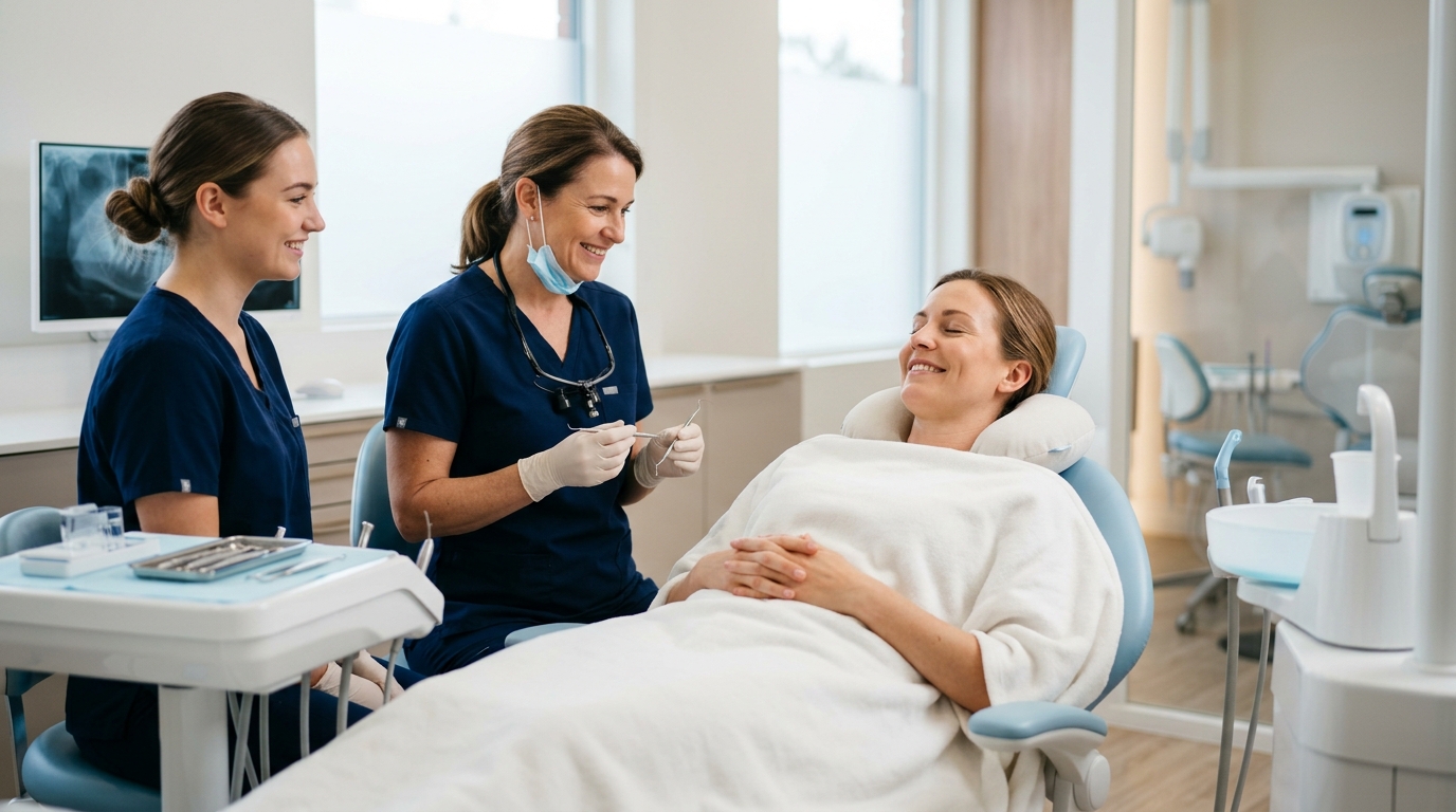 A calm patient relaxing in a SameDay Dental chair, learning about sedation and sleep apnea therapy from a friendly dentist.
