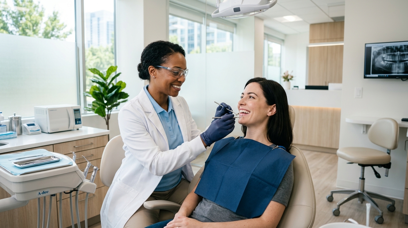 A smiling patient receiving a checkup from a SameDay Dental professional, illustrating the benefits of general dentistry.
