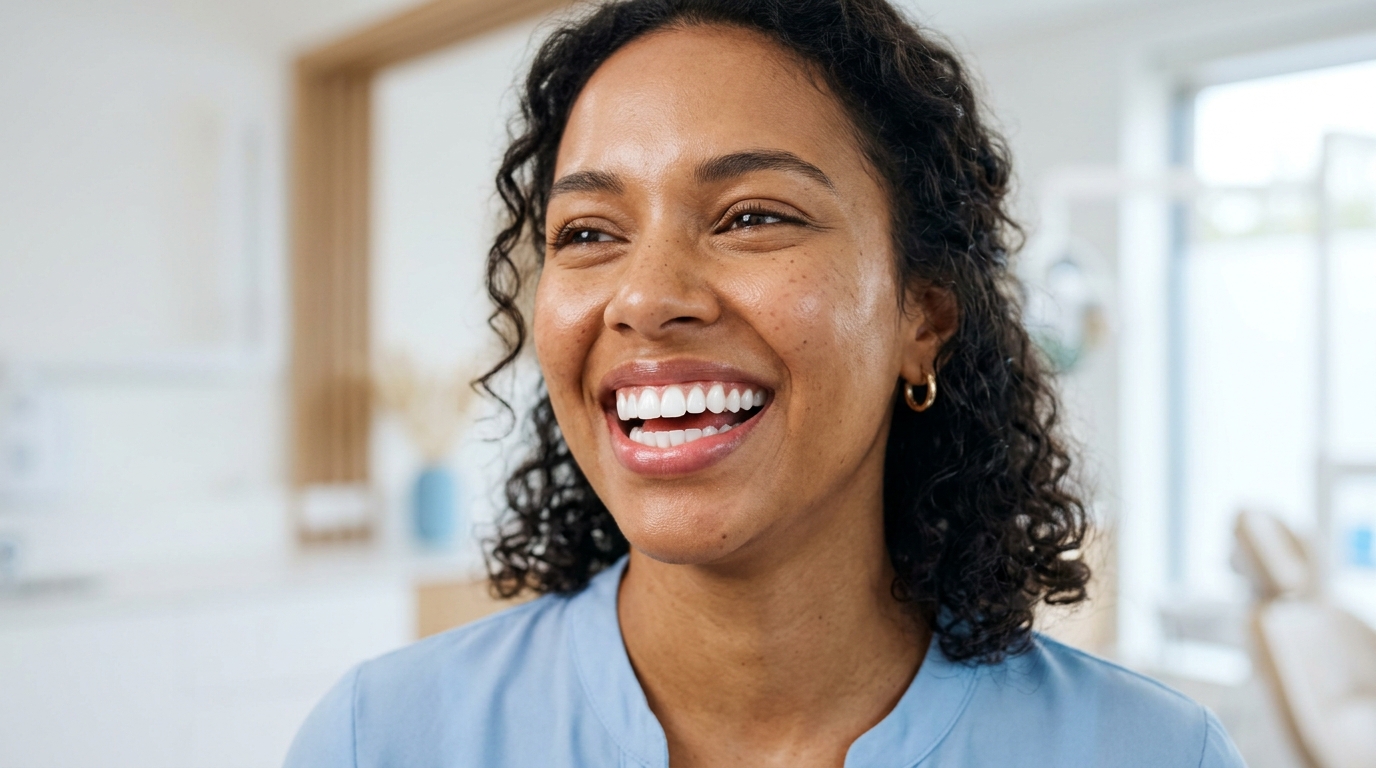 A patient smiling with confidence after receiving a Cosmetic and Smile Design makeover, showcasing beautiful white teeth against a clinic background.