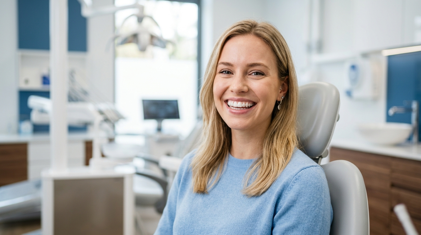 A smiling family discussing orthodontics options like braces and Invisalign with their dentist at SameDay Dental.