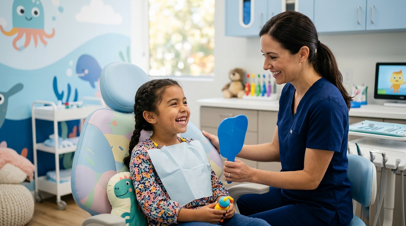 A friendly dentist showing a smiling young child a model of teeth during a gentle pediatric dentistry appointment at our GTA clinic.