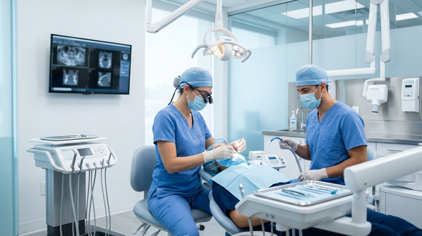 A smiling patient discussing oral surgery and implants with a compassionate dentist at SameDay Dental clinic.