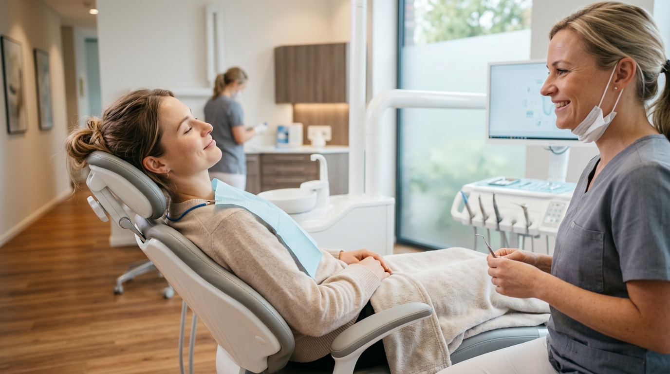 A calm patient discussing sedation and sleep apnea therapy options with a compassionate SameDay Dental dentist in a bright clinic.