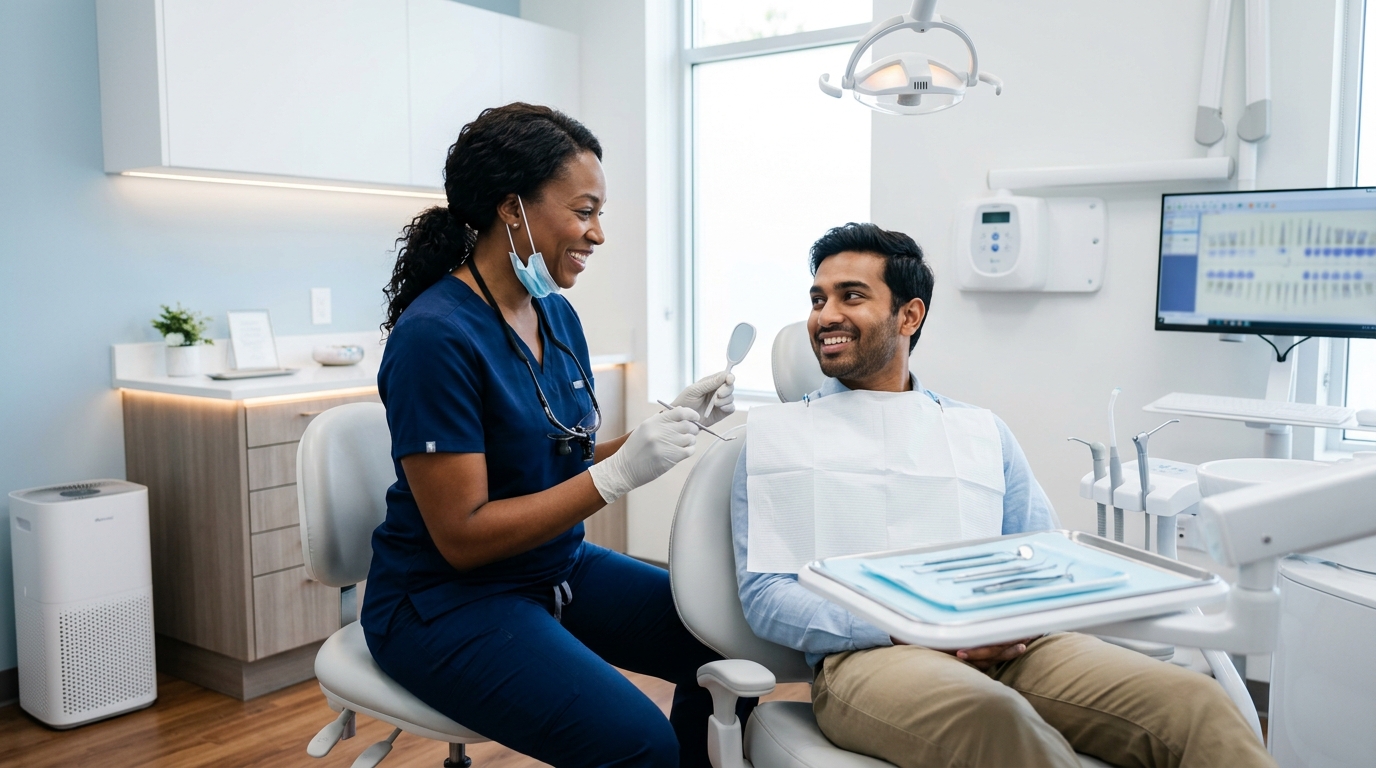 A smiling family receiving general dentistry care from a friendly SameDay Dental professional in the GTA.