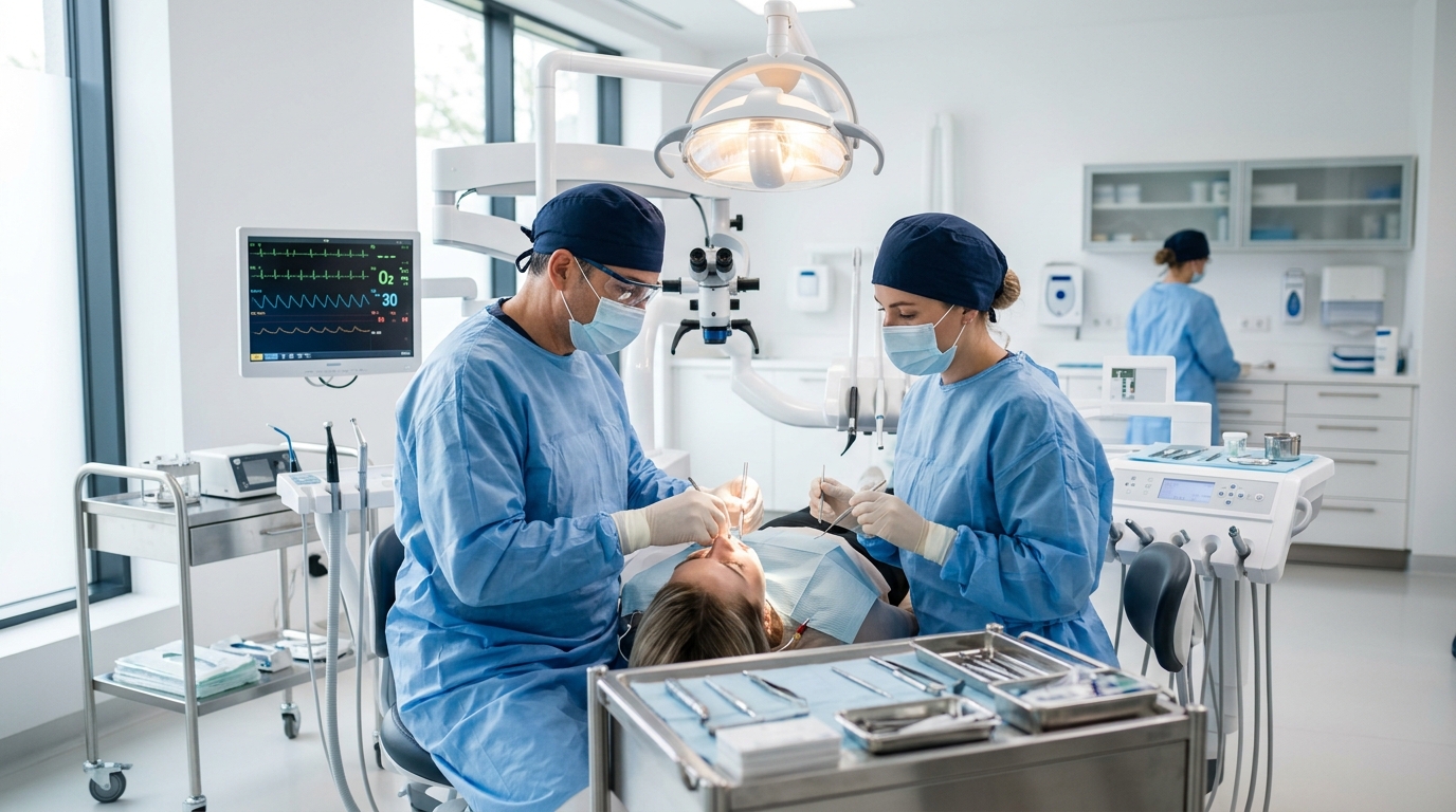 A reassuring SameDay Dental professional discusses Oral Surgery and Implants with a patient in a bright, modern clinic setting.