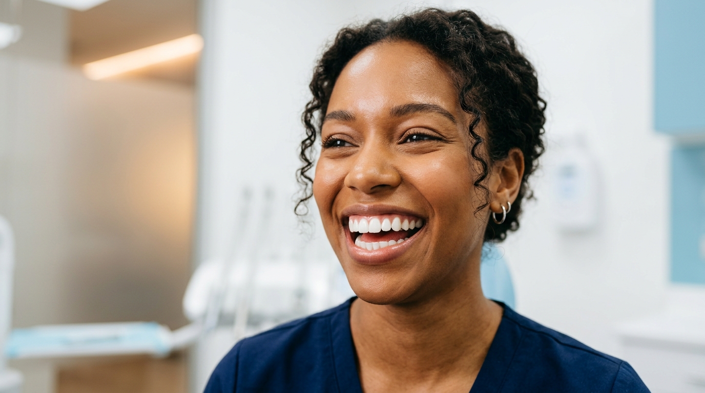 A smiling patient showing their perfect teeth after a Cosmetic and Smile Design procedure at SameDay Dental.