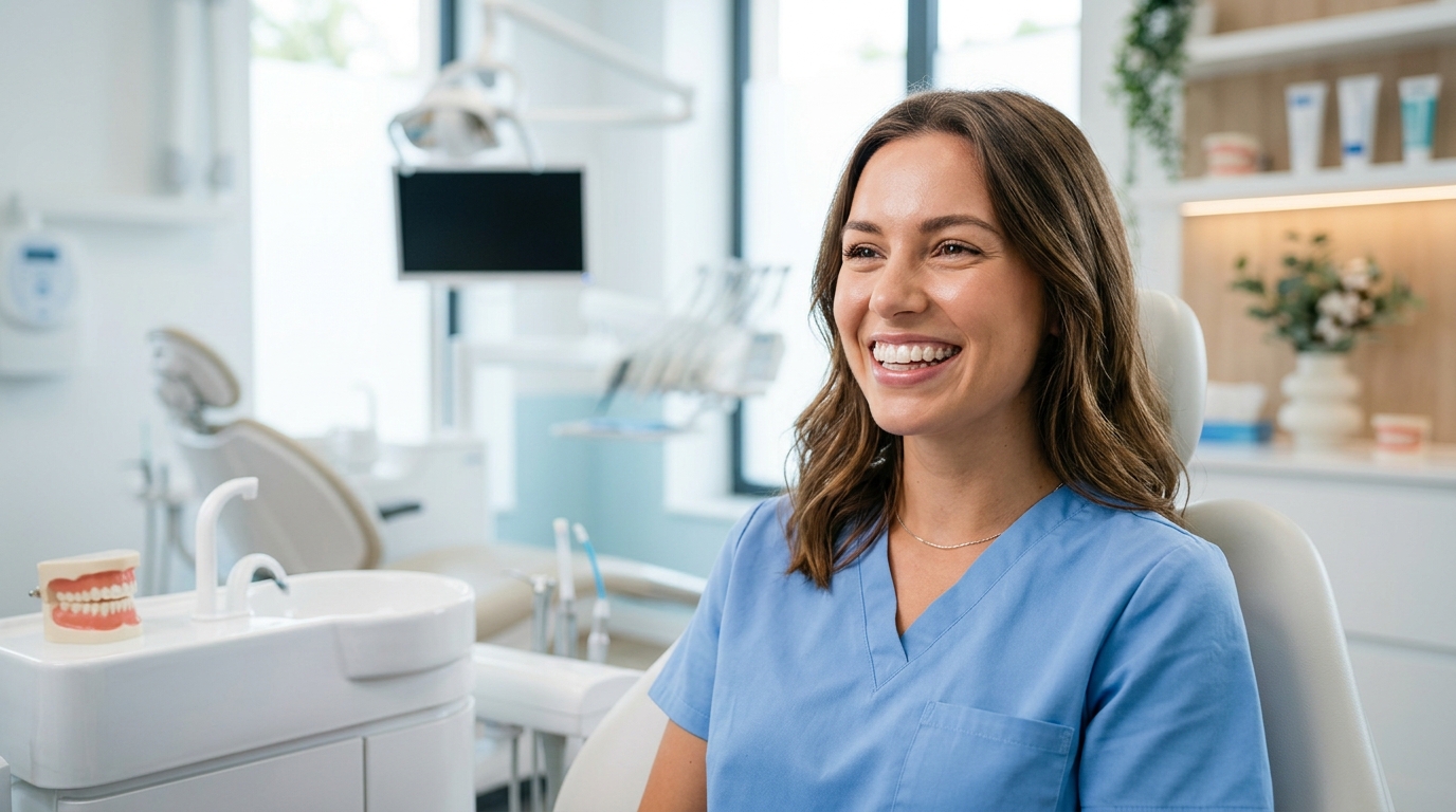 A smiling young adult showing their straight teeth after successful orthodontics treatment from SameDay Dental in the GTA.