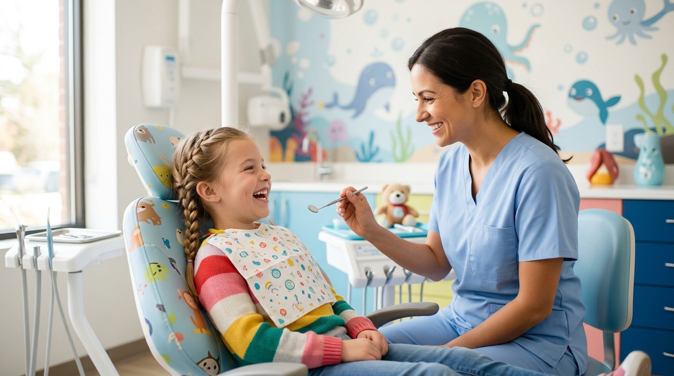 A friendly pediatric dentist showing a young child how to brush a large model of teeth, demonstrating positive pediatric dentistry.