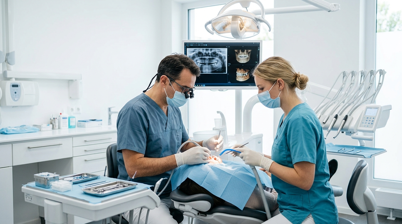 A compassionate SameDay Dental surgeon discussing oral surgery and implants with a patient in a modern, clean clinic setting.