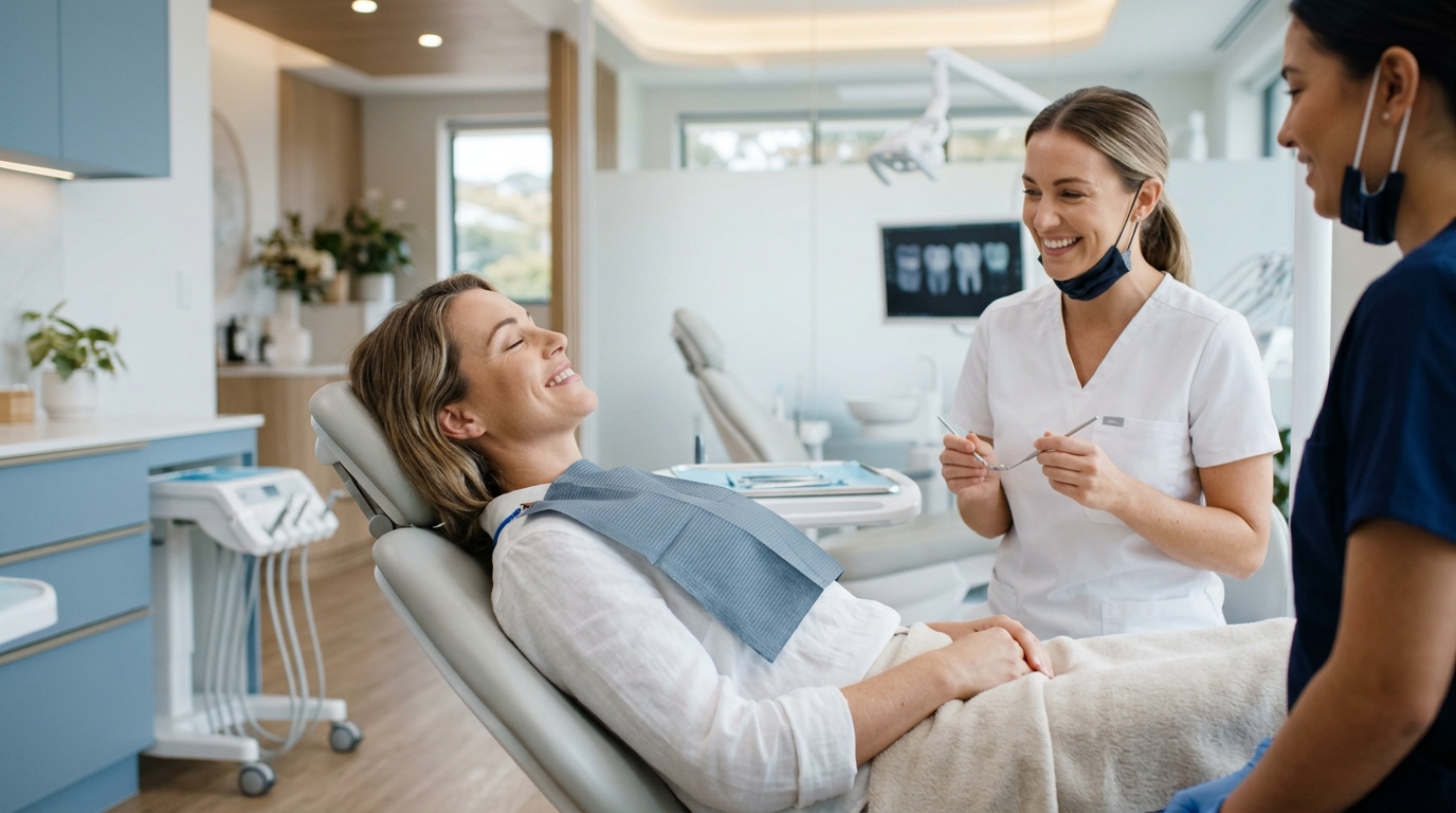 A calm patient discussing sedation and sleep apnea treatment options with a dentist at SameDay Dental clinic in the GTA.