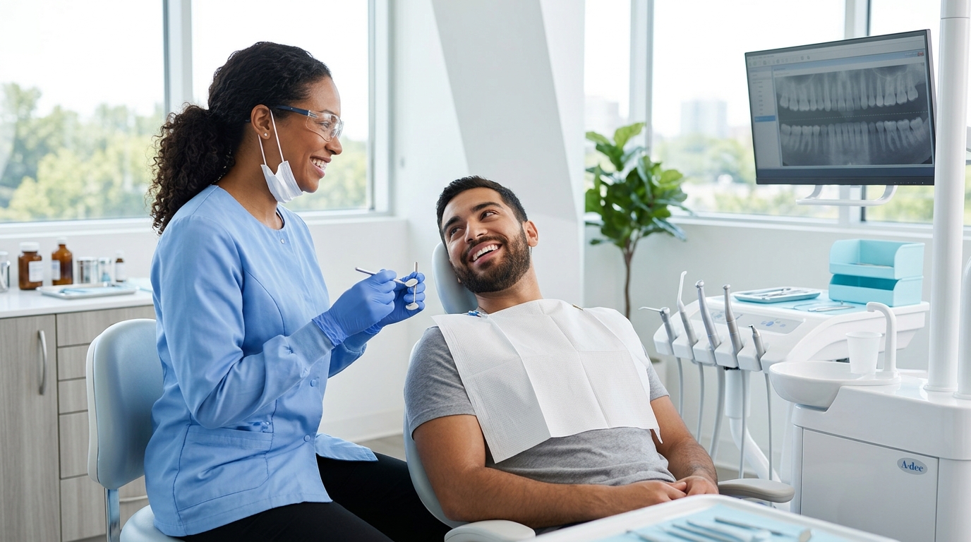 A smiling patient receiving a general dentistry checkup from a friendly SameDay Dental dentist in the GTA.