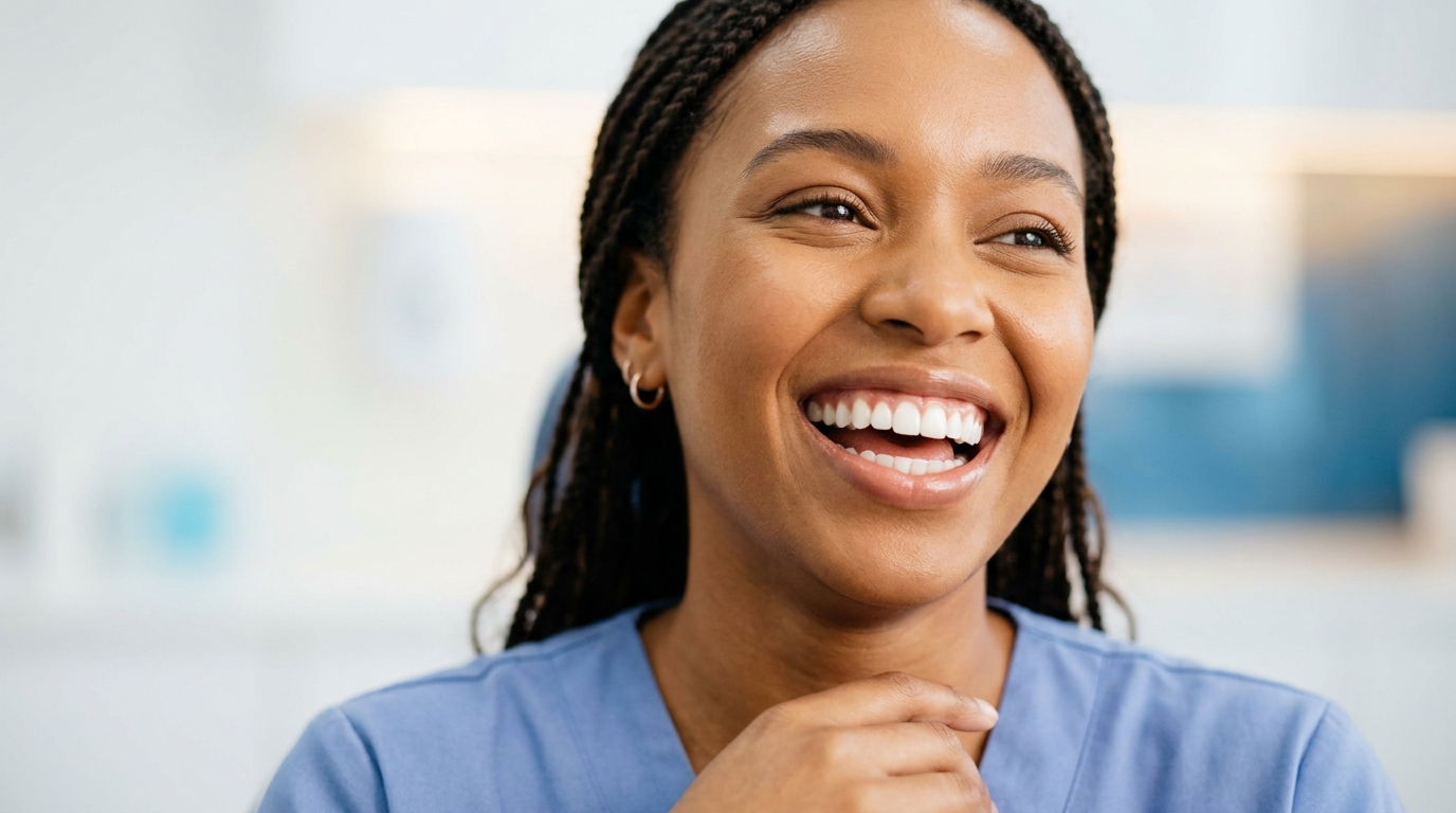 A happy patient with a beautiful, bright white smile after a Cosmetic and Smile Design procedure at SameDay Dental in the GTA.