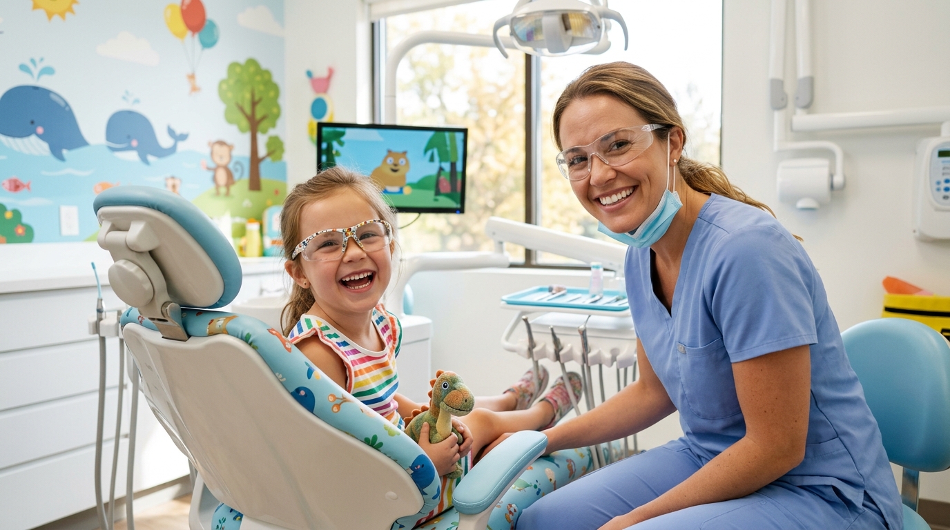 A child smiling in a dental chair during a friendly pediatric dentistry appointment at SameDay Dental.