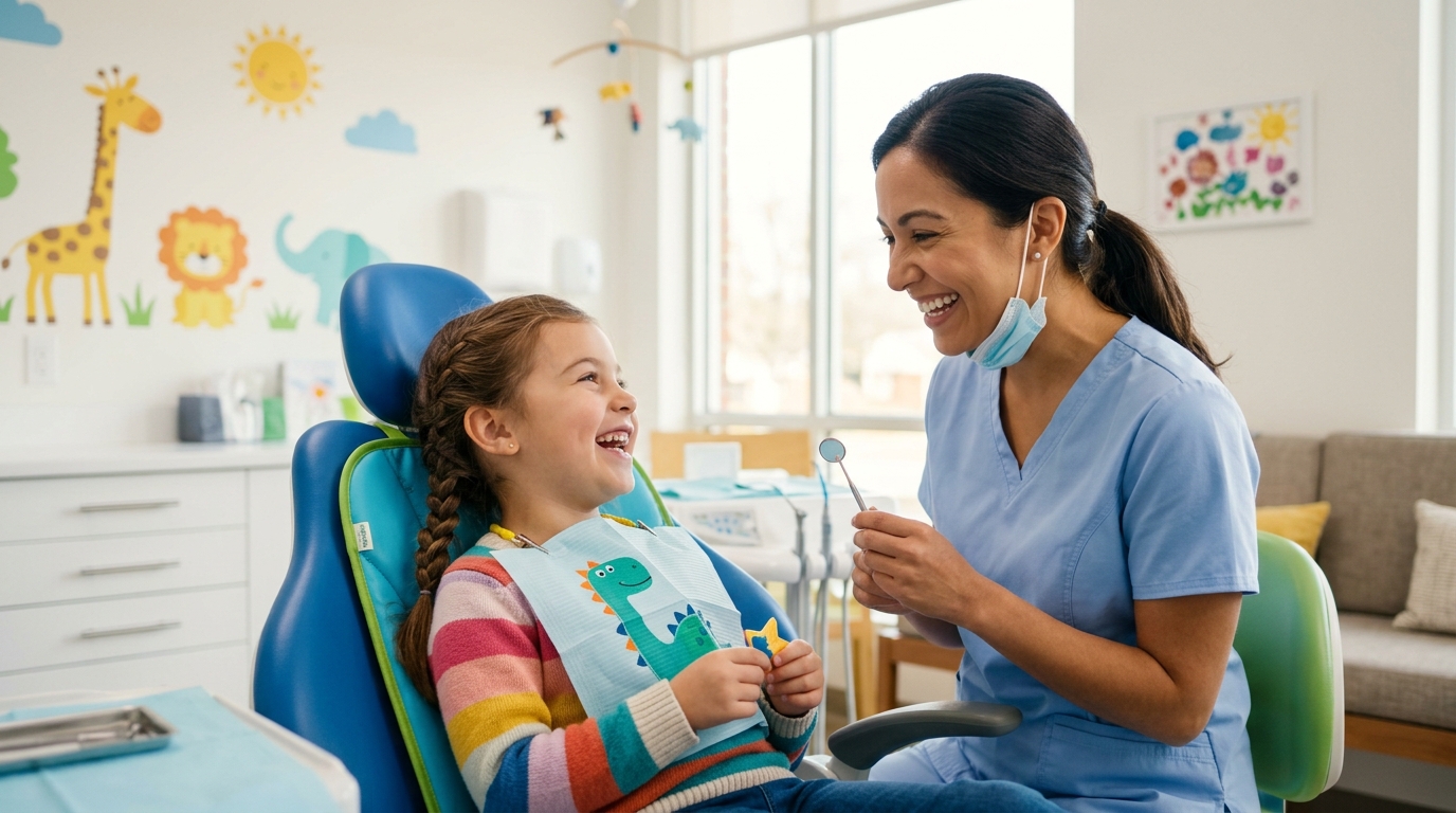 A friendly dentist showing a smiling child a model of teeth, illustrating a positive pediatric dentistry experience at SameDay Dental.