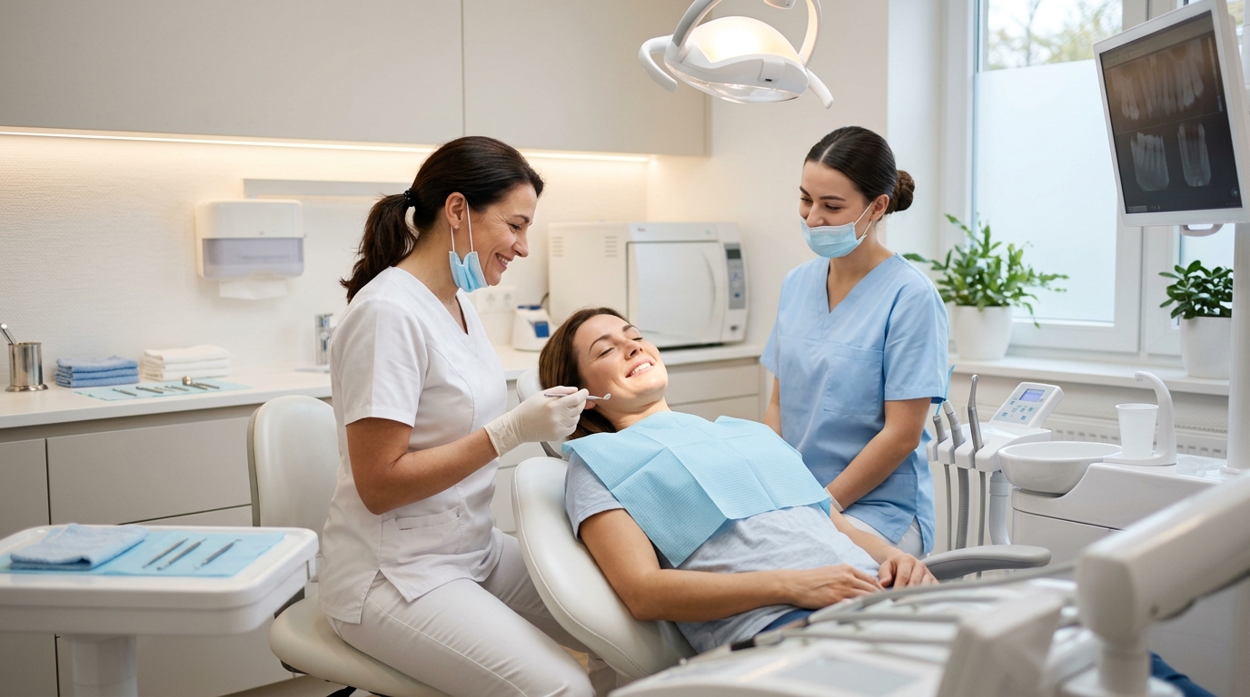 A calm patient smiling in a SameDay Dental chair, illustrating comfort during Sedation and Sleep Apnea treatment in the GTA.