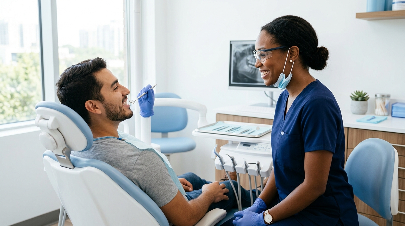 A friendly SameDay Dental dentist explains general dentistry procedures to a smiling patient in a modern and clean clinic room.