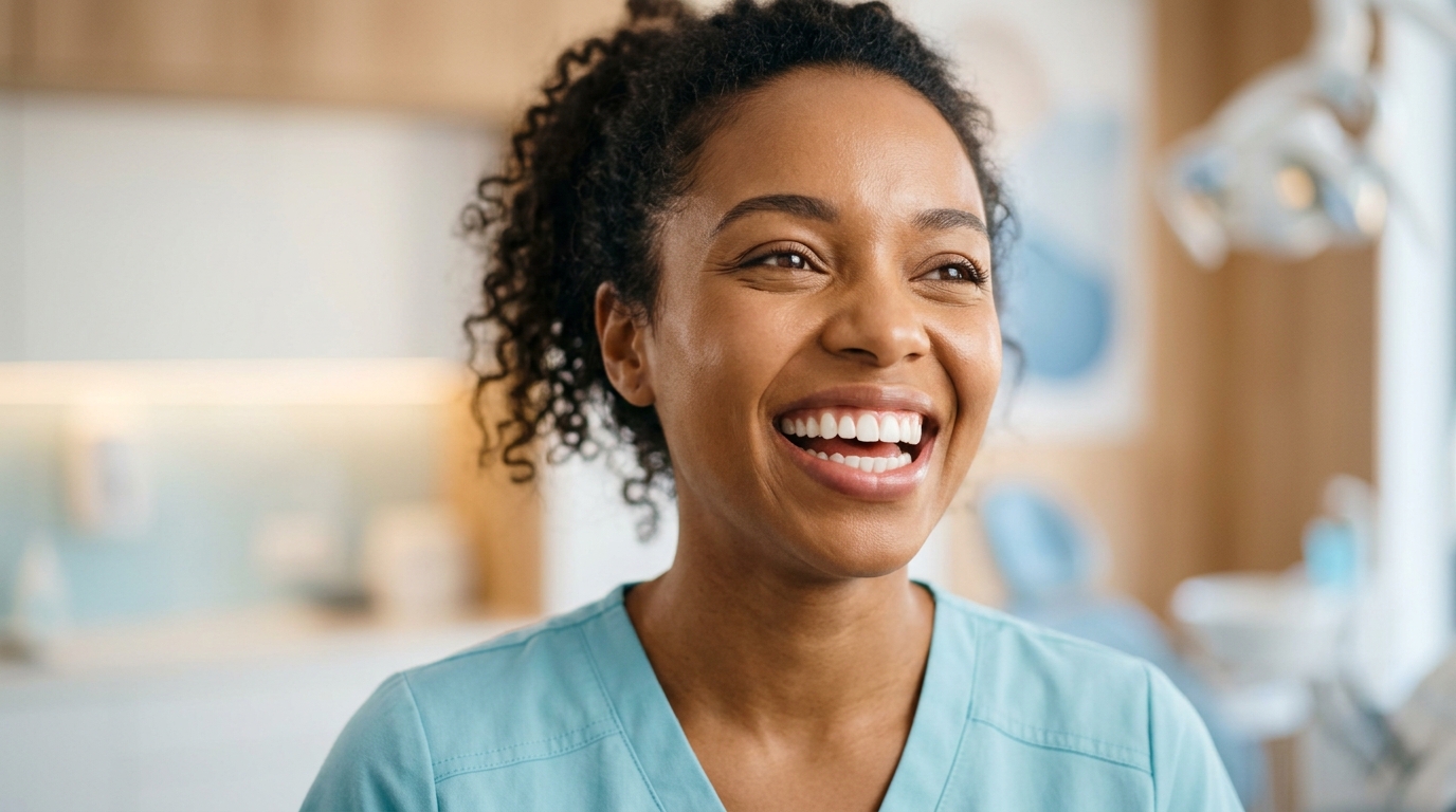 A smiling patient with bright, perfect teeth after receiving Cosmetic and Smile Design treatment at our GTA dental clinic.