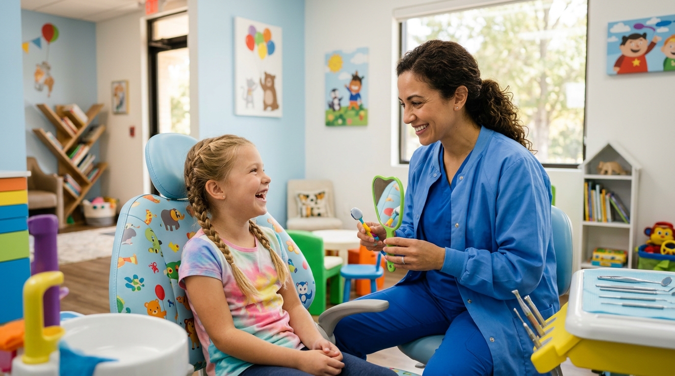 A smiling child receiving a fun and gentle pediatric dentistry checkup from a friendly dentist at SameDay Dental.
