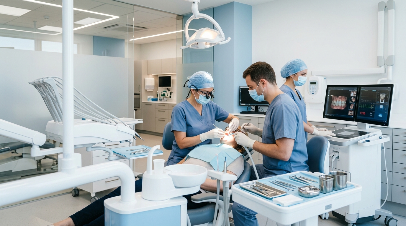 A friendly SameDay Dental professional explains the process of oral surgery and implants to a calm and reassured patient in a modern clinic.
