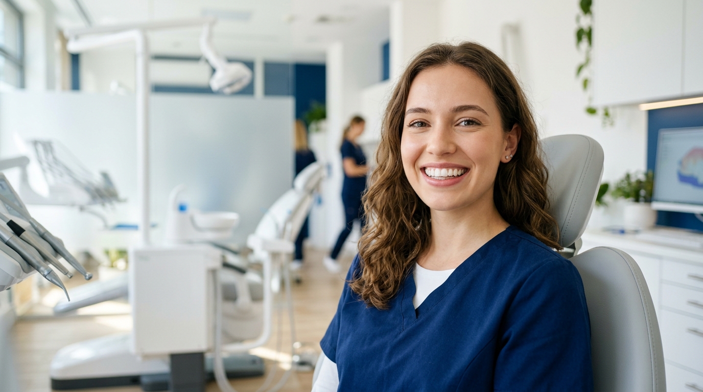A smiling adult with perfectly straight teeth after receiving orthodontics treatment, showcasing the benefits of braces and Invisalign.