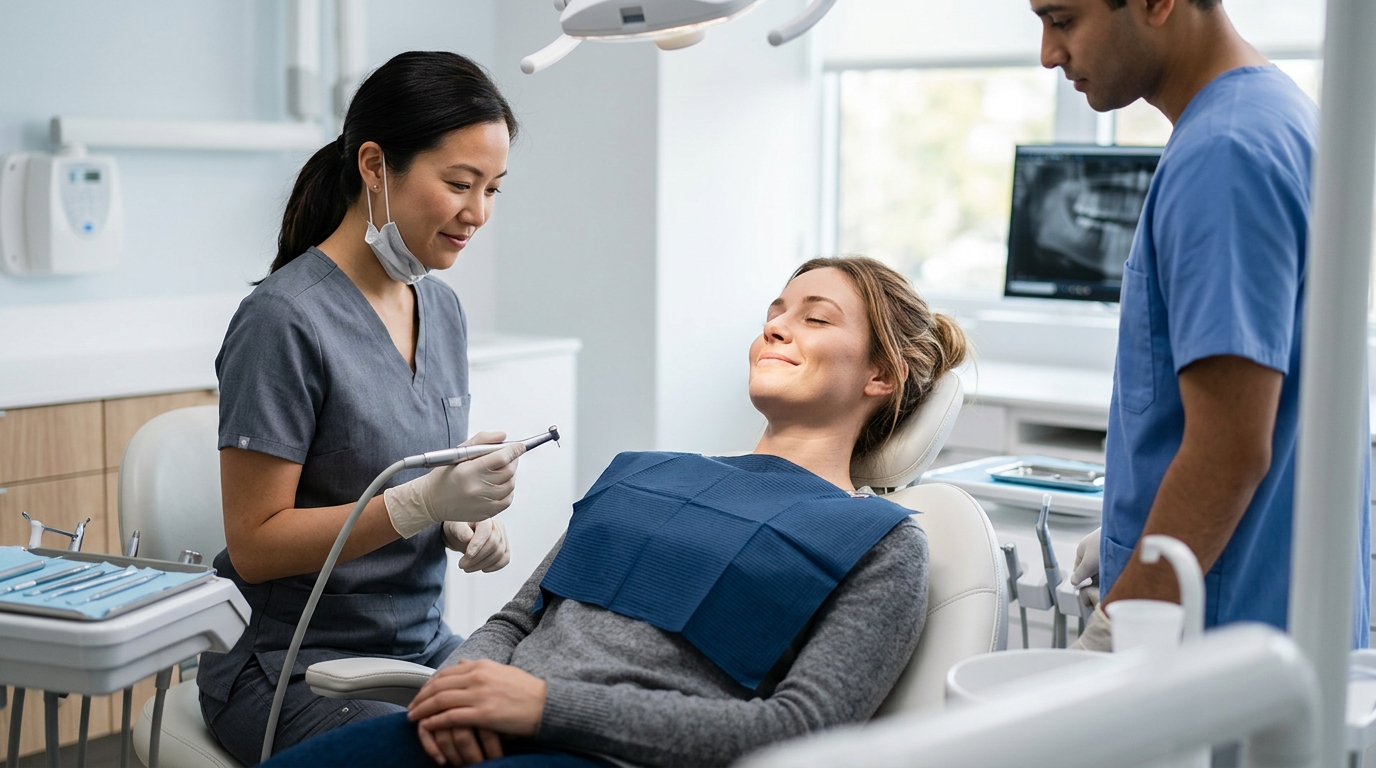 A relaxed patient speaking with a dentist about sedation and sleep apnea treatment options at SameDay Dental clinic.