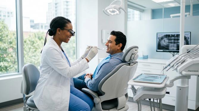 A friendly SameDay Dental dentist explaining general dentistry procedures to a smiling patient in a bright, modern clinic.