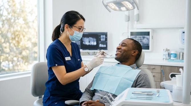 A smiling patient receiving a checkup from a SameDay Dental professional, demonstrating our friendly general dentistry services.